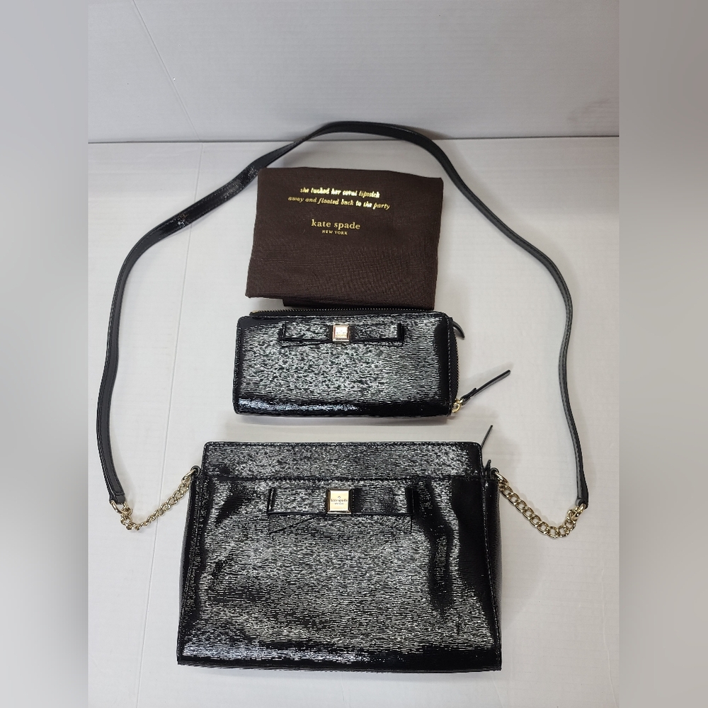 Kate Spade Black/ Pink  Shiny/ Gloss Leather Crossbody purse and wallet